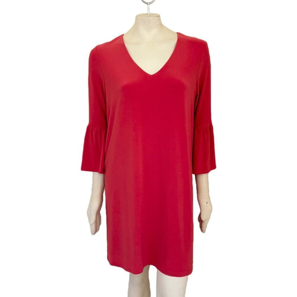 NEW LAST TANGO Flounce Sleeve V-neck Stretchy Shift Dress in Bright Coral  SZ M